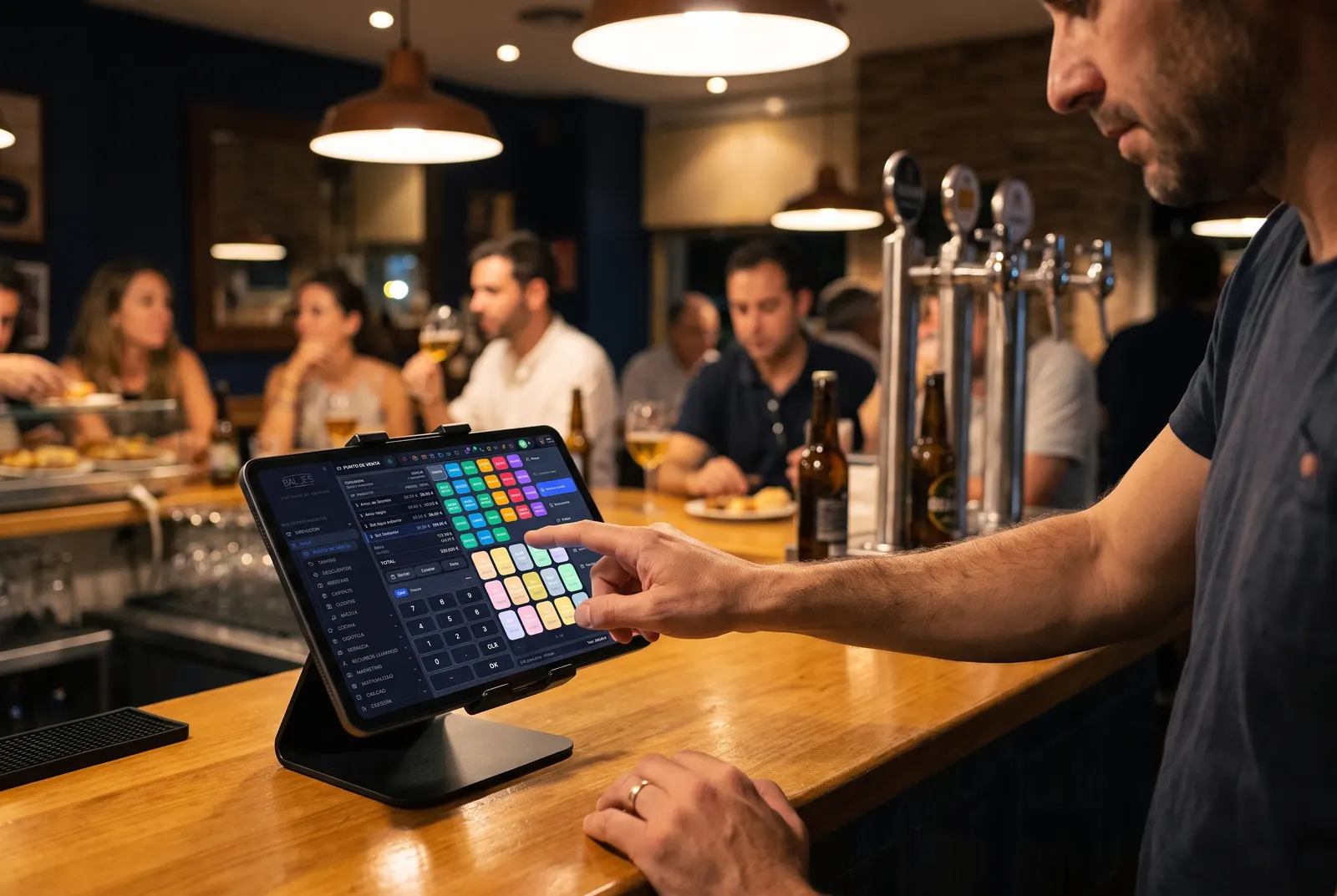 Un camarero marca una consumición en el punto de venta del software, en la barra de un bar de tapas