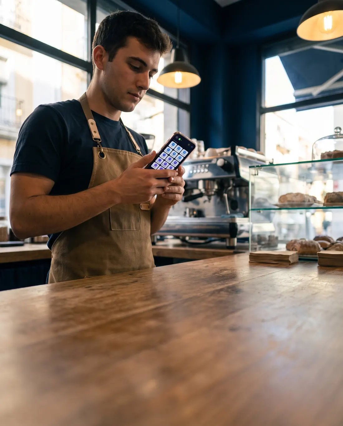 Un camarero de una cafetería consulta la app del equipo en su móvil antes de abrir