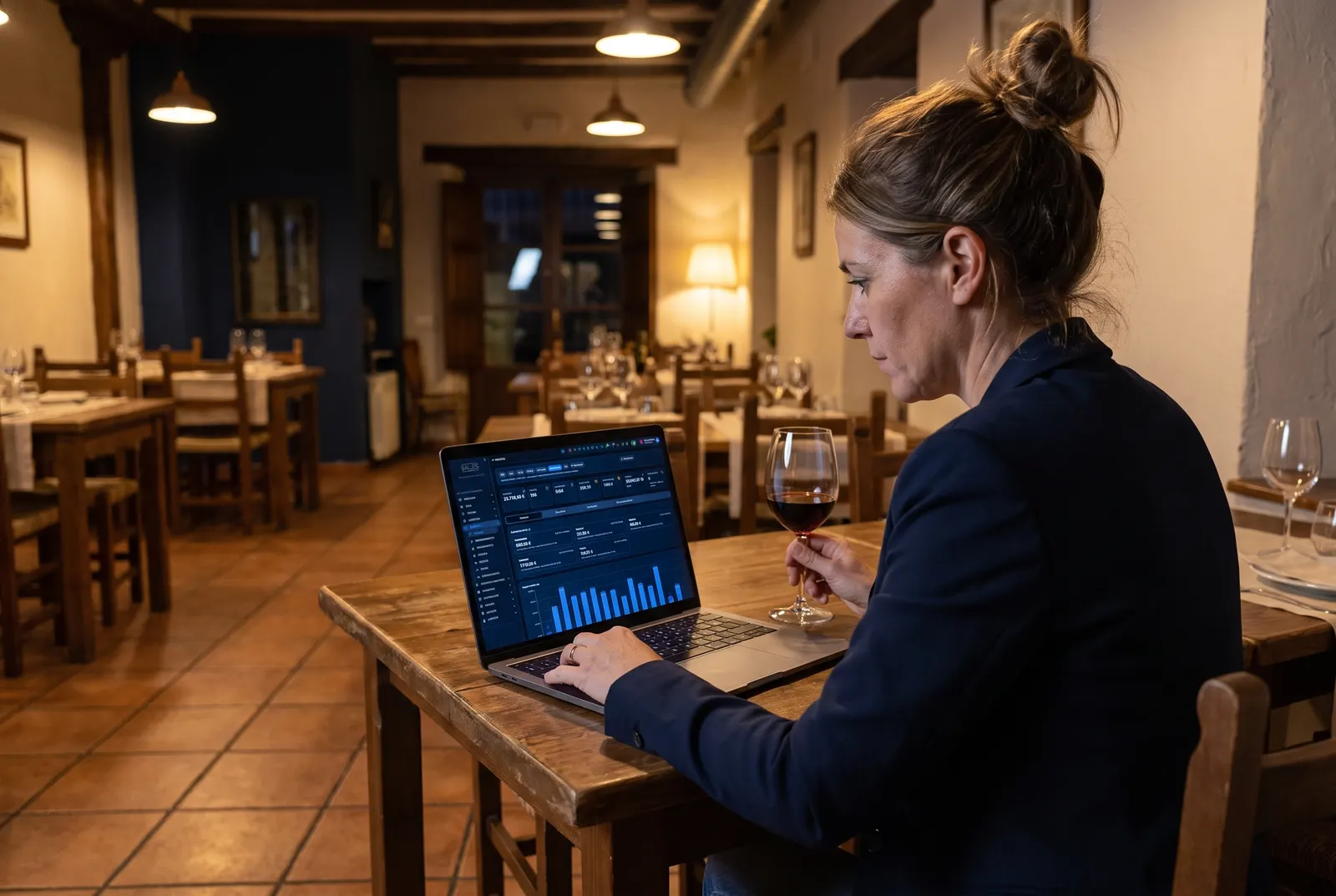 La dueña de un restaurante repasa las ventas del día en su portátil con el comedor ya vacío